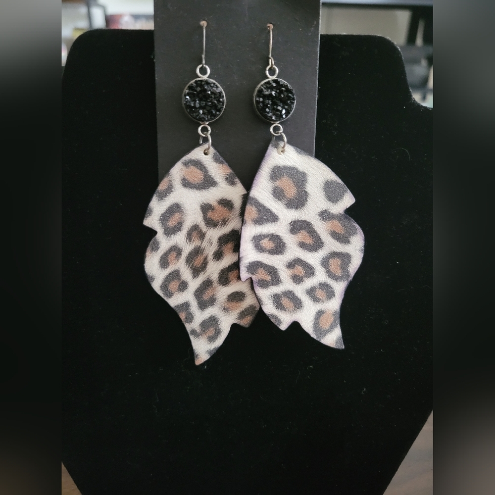 Leopard Print Leaf Earrings with Black Druzy Accents